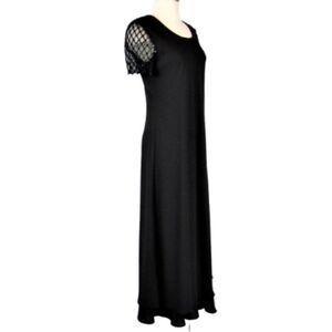 Evening Dress Beaded Short Sleeve Maxi Beaded Round Neck Lined Black Size 8